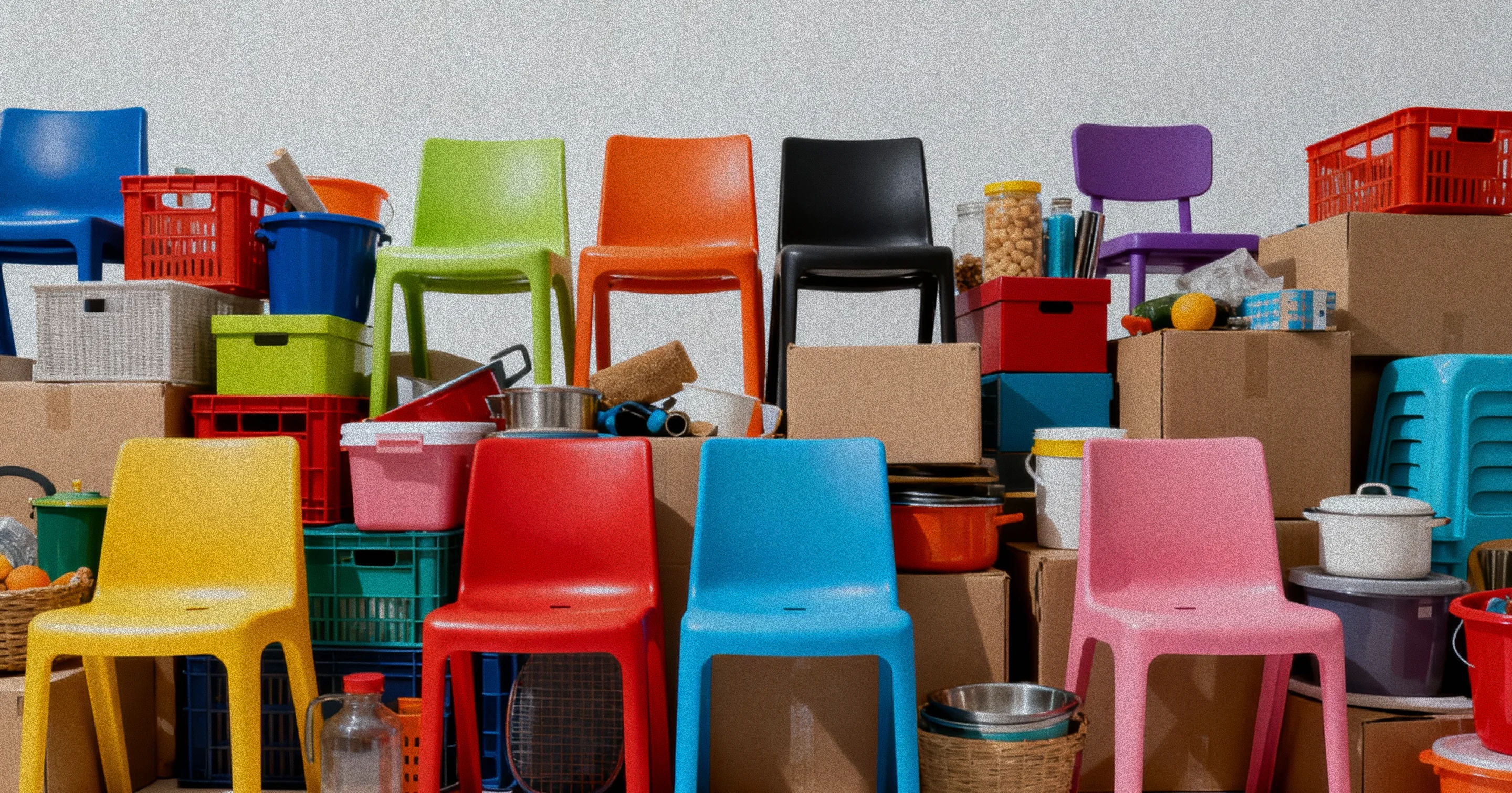Stacked colorful plastic chairs in front of piled cardboard boxes and various household items and containers.